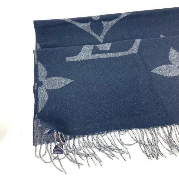 LOUIS VUITTON M77950 Monogram Muffler Monogram Giant fringe Scarf Cashmere Navy - Picture 5 of 9